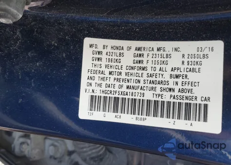 2016 Honda Accord Sport from USA, damaged, VIN 1HGCR2F5XGA180739